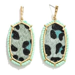 Hexagonal Animal Print Drop Earrings with Leather Framing Green